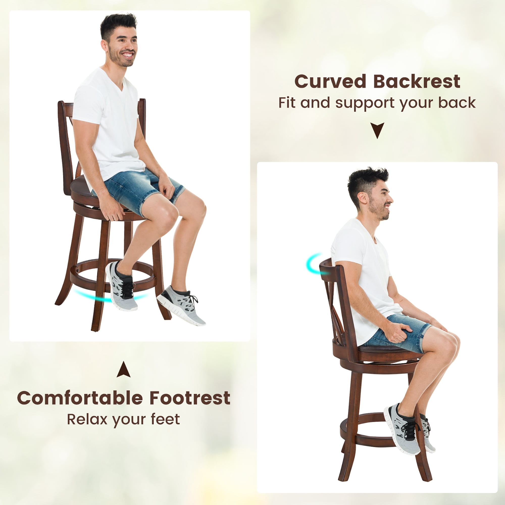 Costway Set of 4 Swivel Bar Stools Counter Height Dining Pub Chairs with  Rubber Wood Legs