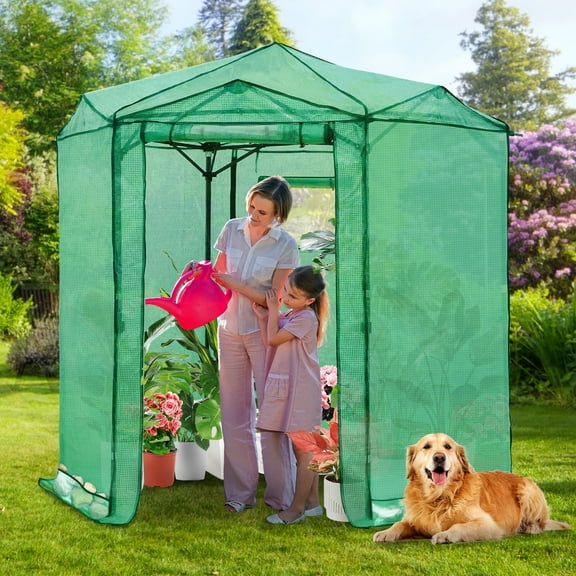 EAGLE PEAK 6.6x6.6 ft Hexagon Pop up Greenhouse, Portable Walk-in Grow Tent, All-Weather Plant Shelter, Green