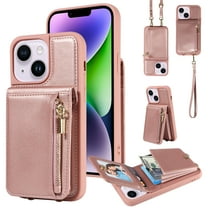 Nalacover RFID Blocking Wallet Case for iPhone 14 Plus, Shockproof PU Leather Magnetic Button Zipper Purse Card Slots & Kickstand Crossbody Phone Case with Shoulder & Wrist Strap,Rosegold