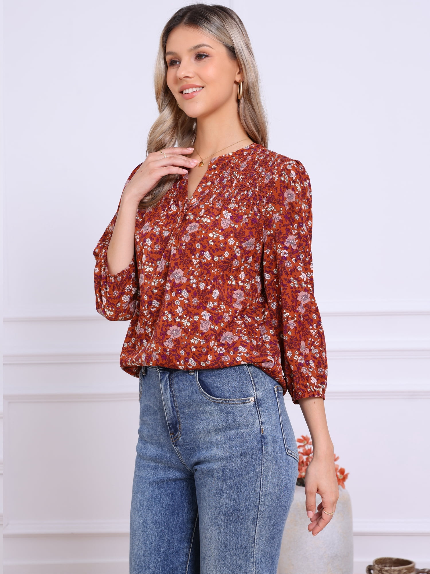 DARING DIVA Women's Floral 3/4 Sleeve Smocked Front V Neck Blouses M Dark Orange