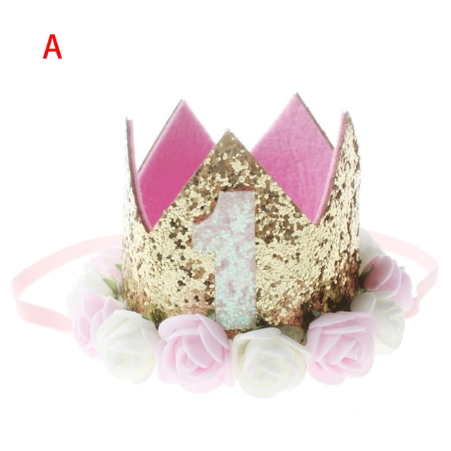 Fiudx Tiara de Oro Rosa, Diadema Floral con Purpurina, Gorro para Fiesta de Cumpleaños de Bebé, Ajuste Elástico Suave, Ideal para Fotografía, Primera Fiesta de Princesa, Cómoda y Moderna, Tamaño 10 X
