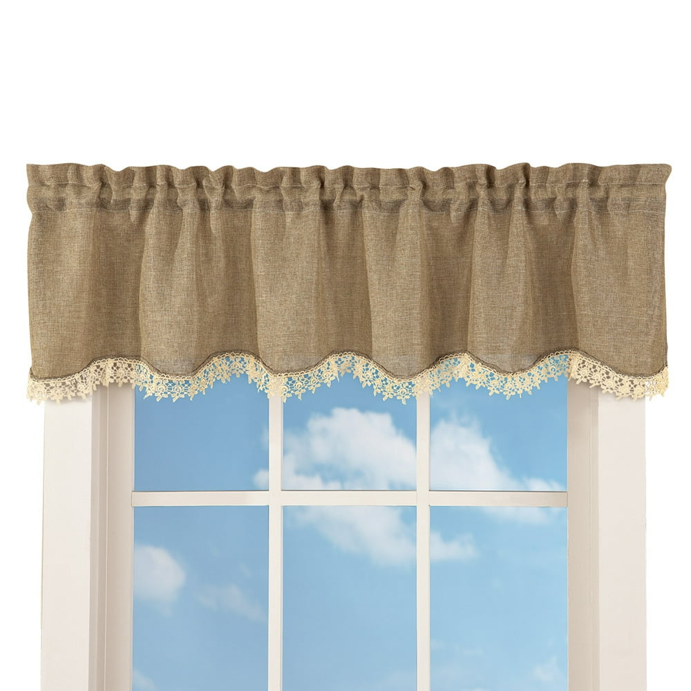 Rustic Burlap Lace Rod Pocket Window Valance, Brown