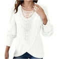 thumbnail image 3 of Dressy Casual Tops Women Ribbed Knit Hollow-out Lace Wrap Shirt Crewneck Long Sleeve Boho Blouses (S, White), 3 of 7