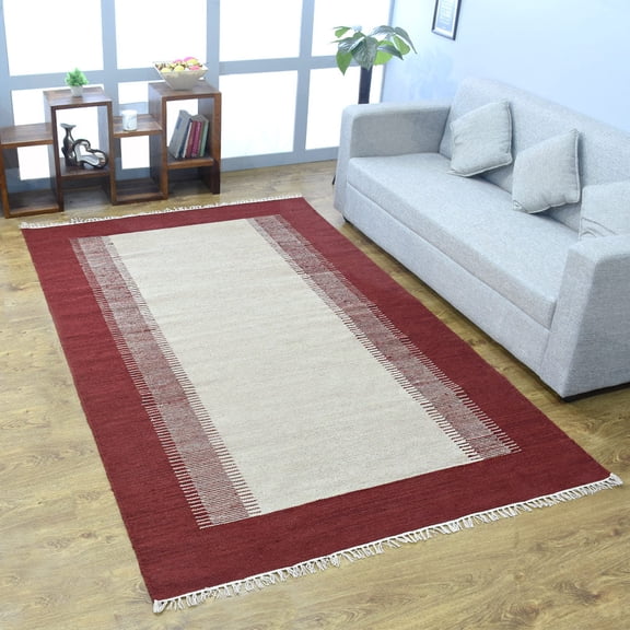 Rugsotic Carpets Hand Woven Flat Weave Kilim Wool Eco-Friendly 6'x9' Area Rugs Rectangle Cream Wine Contemporary Modern Design Low Pile Indoor Handmade Rug for Living Room, Bedroom D00123