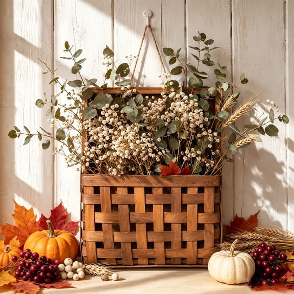 Clearance Woven Hanging Wicker Basket for Front Door, Handmade Rattan Hanging Wall Baskets for Garden Farmhouse Home