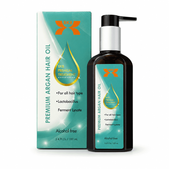 8K8 Moroccan Argan Hair Oil Treatment, Lightweight Leave-In for Frizz, Dry Ends & Curls, 3.4 fl oz (100ml)