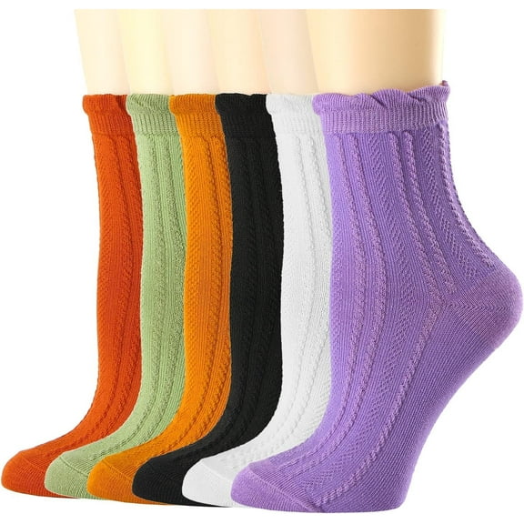 Women's Crew Socks,Casual Dress Socks Casual Cotton Knit Comfy Ruffle Frilly Ankle Socks For Women 6 Pack