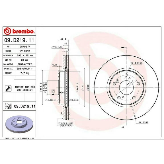 Brembo 09.D219.11 Premium UV Coated OE Equivalent Rotor