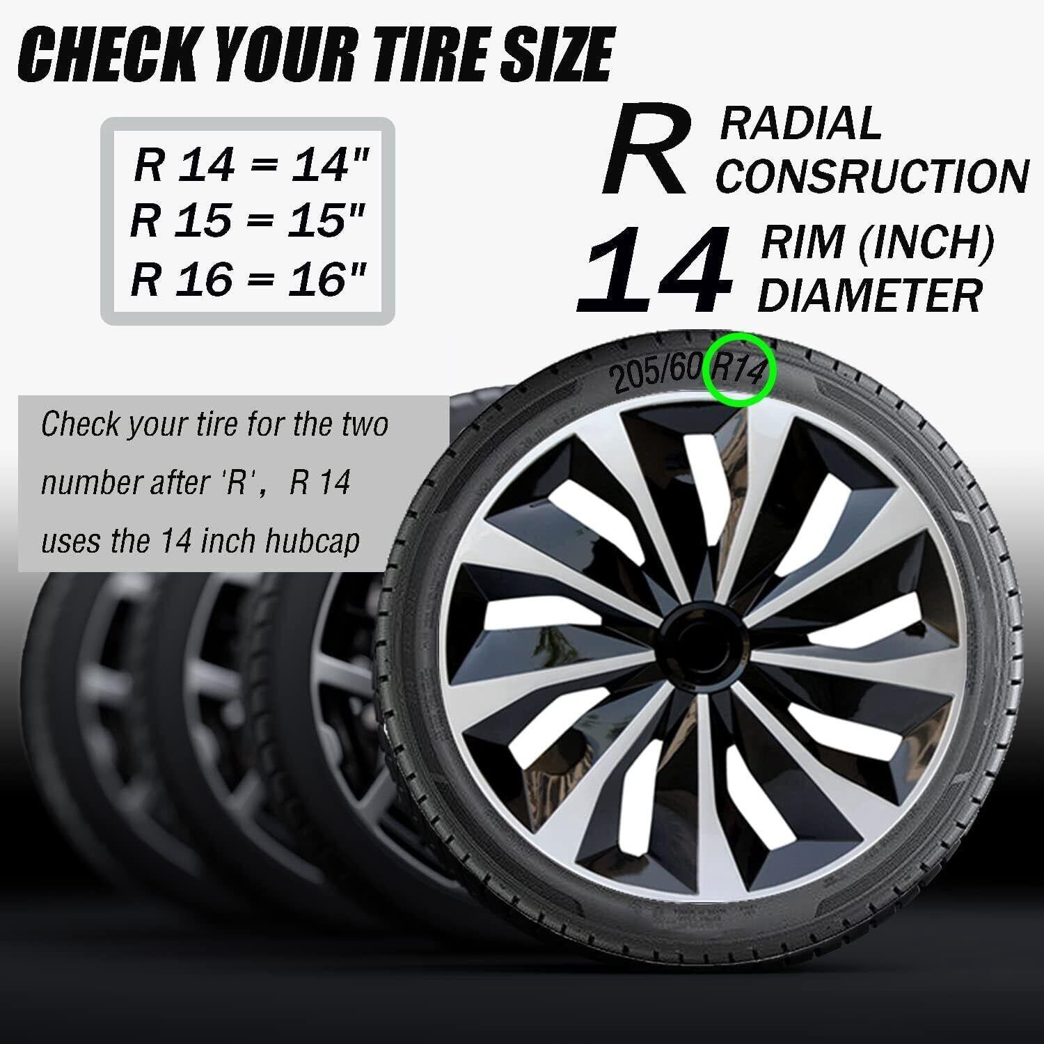 Hex Autoparts 14" Hub Caps Set of 4 fits R14 Tire & Steel Full Rim, Snap On Full Hubcaps Wheel Covers Universal for 14 inch Rims Black & Silver A-Type