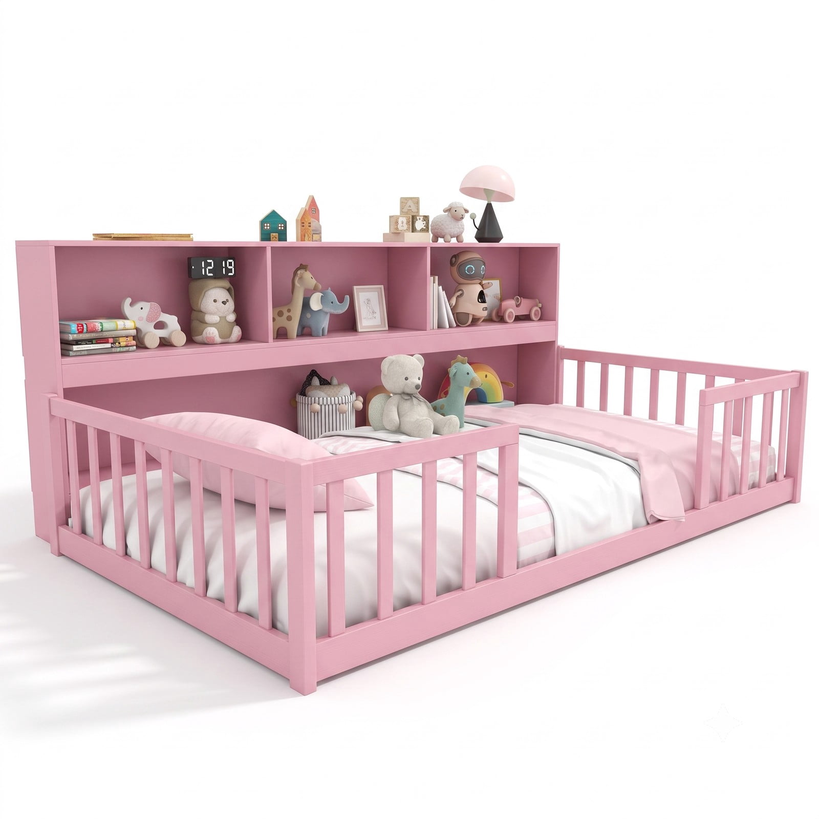 Furnibear Full Size Bed Frame Montessori Floor Bed with Bookcase Headboard and Full Length Fence Rails for Kids Room, Pink