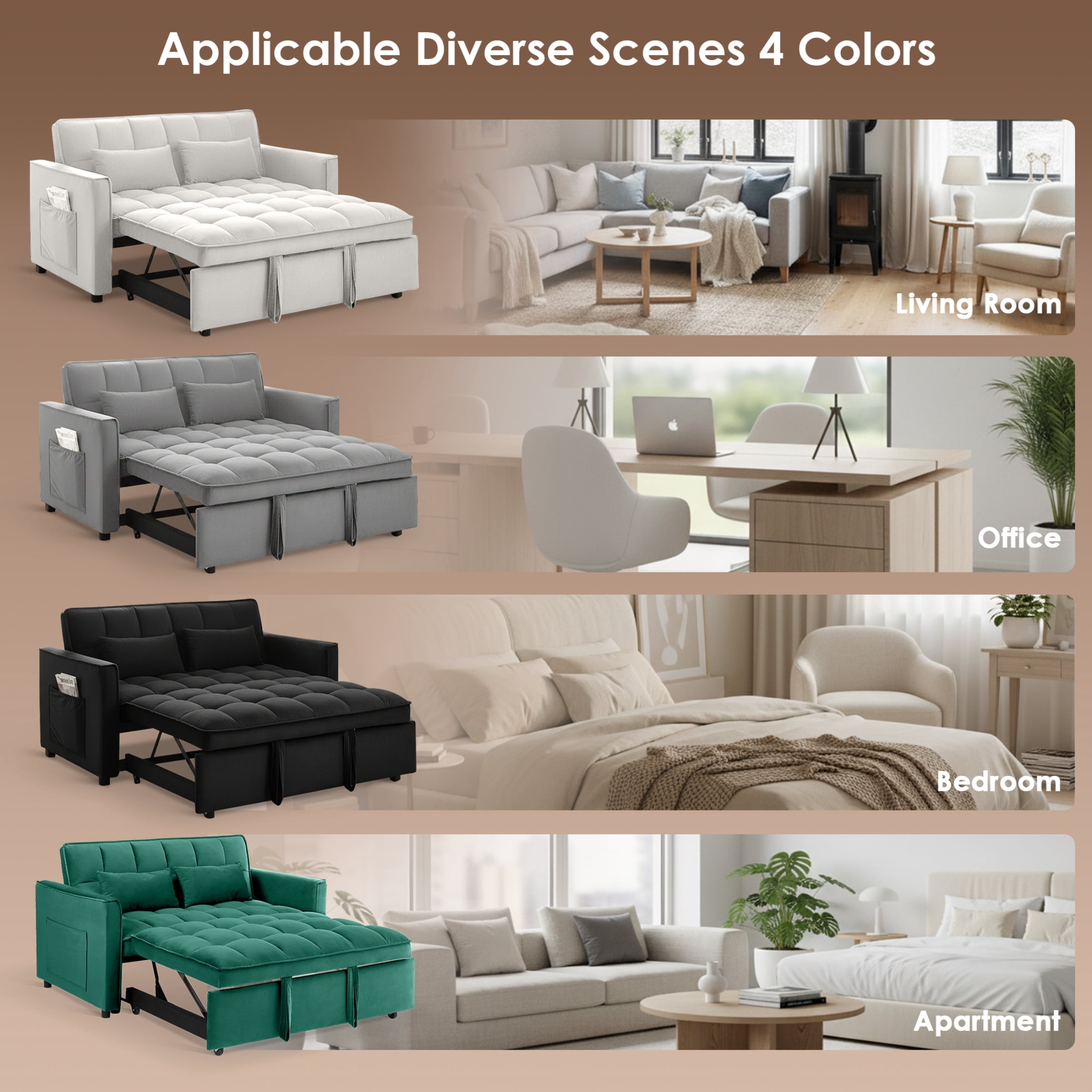 Vinform 55" 3 in 1 Convertible Sleeper Sofa Bed, Pull Out Loveseat Couch with Storage Pocket, Green