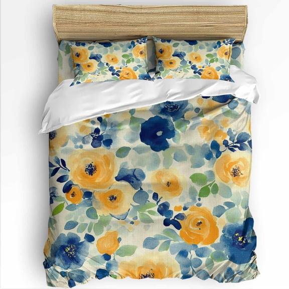 Yellow Blue Flowers Queen Size Comforter Set, Spring Floral Linen Vintage Soft Bedding for All Seasons, 4 Pcs Bed Set with 1Comforter (90"x92") ,1 Sheet(94"x116"), 2 Pillowcases (19"x29")