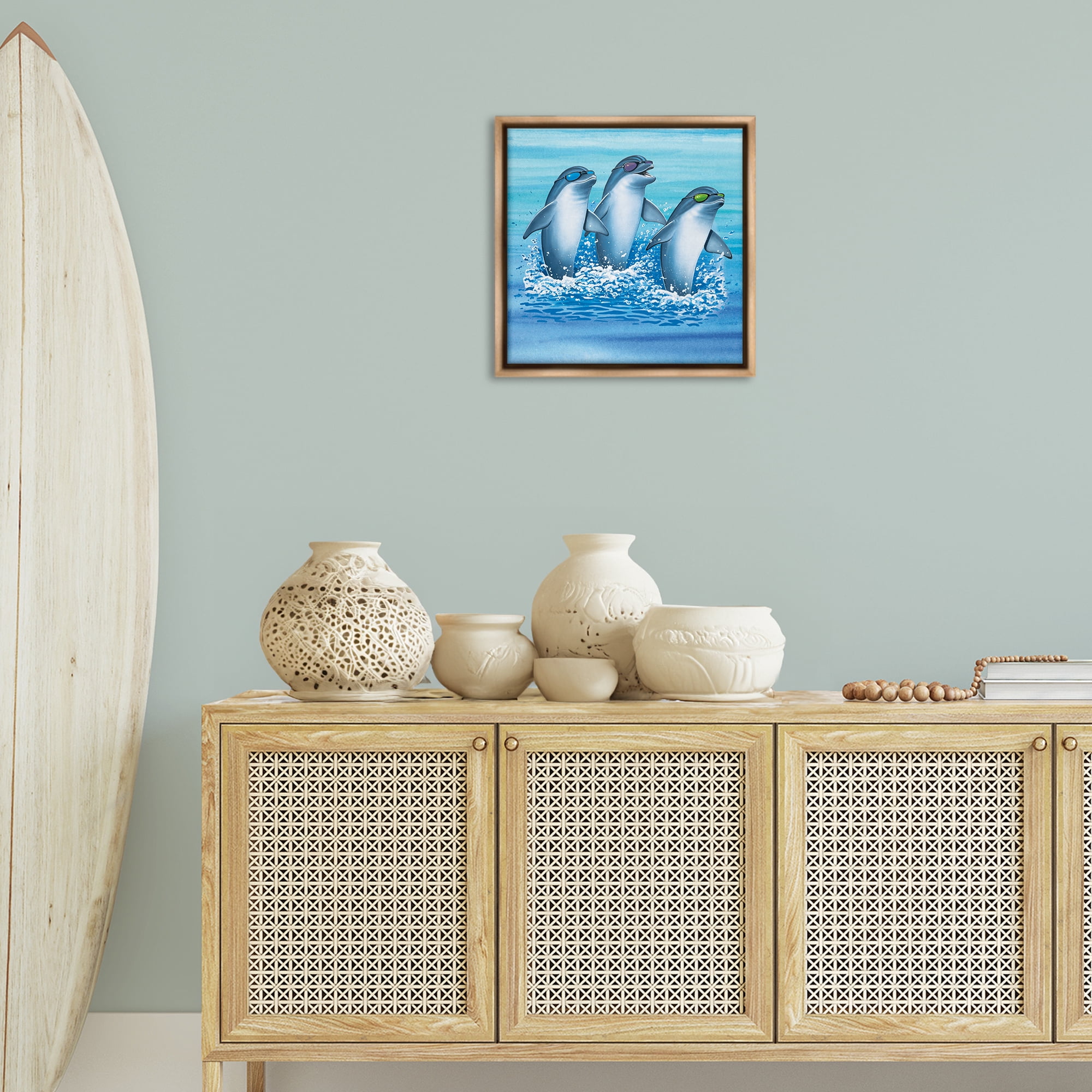 Stupell Industries Cool Dolphins Trio Animals Painting Brown Floater Framed Canvas Art Print Wall Art, 18 x 18