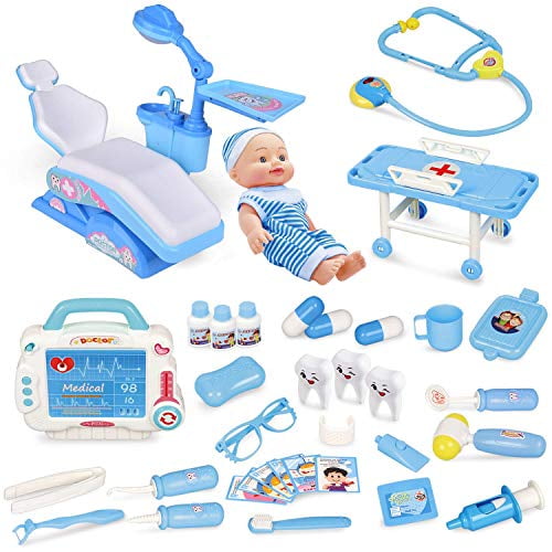 Fun Little Toys Kit de médecin pour enfants 33 pièces, kit médical de  dentiste avec stéthoscope électronique et chaise d'unité dentaire pour  enfants et rôle de médecin 