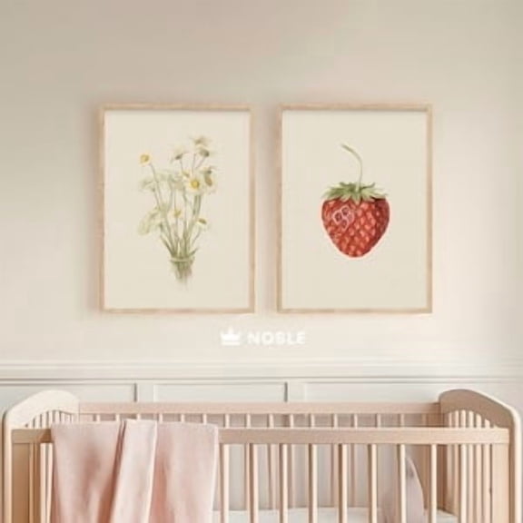 Vintage Nursery Set of 2 Prints, Strawberry Wall Art, Daisies Flower Wall Art, Cottage & Farmhouse Wall Art, Wall, Nursery Decor, Poster Only