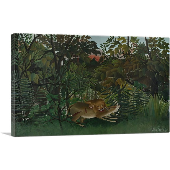 ARTCANVAS The Hungry Lion Throws Itself on the Antelope 1905 Canvas Art Print by Henri Rousseau - Size: 26" x 18" (0.75" Deep)