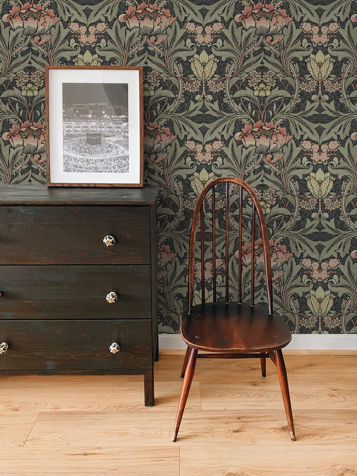 NextWall Charcoal & Rosewood Acanthus Floral Peel and Stick Wallpaper