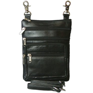 Womens Leather Waist Belt Bag Converts to Crossbody Purse with 6 Zippers Black Lambskin Biker Side Bag
