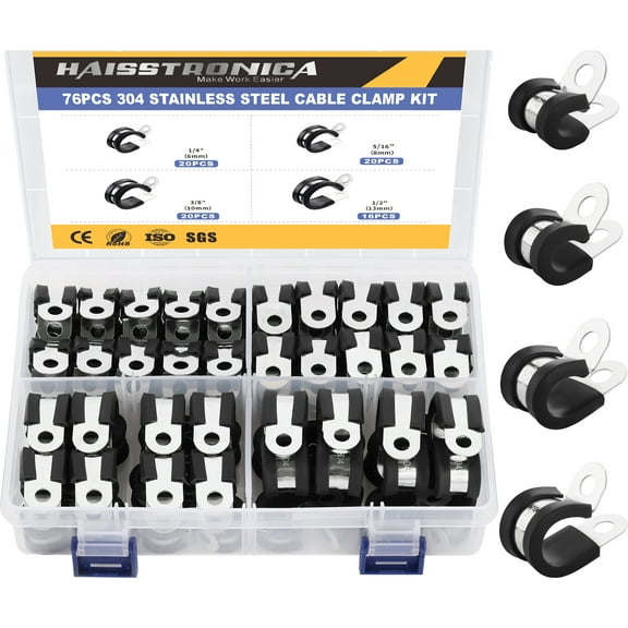 76PCS Cable Clamps Kit,4 Sizes 1/4" 5/16" 3/8" 1/2",304 Stainless Steel Cable Clamp,Rubber Cushioned Insulated Clamp, for Pipe or Wire Cord Installation