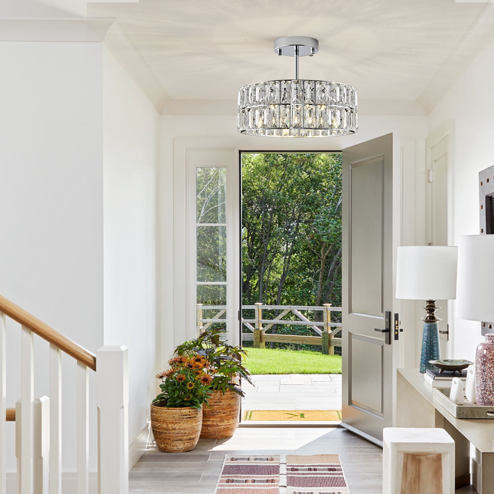 Chrome Crystal Chandeliers, Modern Semi Flush Mount Ceiling Light, Small 4-Ligh Round Crystal Hanging Pendant Light Fixtures,D12” for Dining Room Entryway Kitchen Hallway