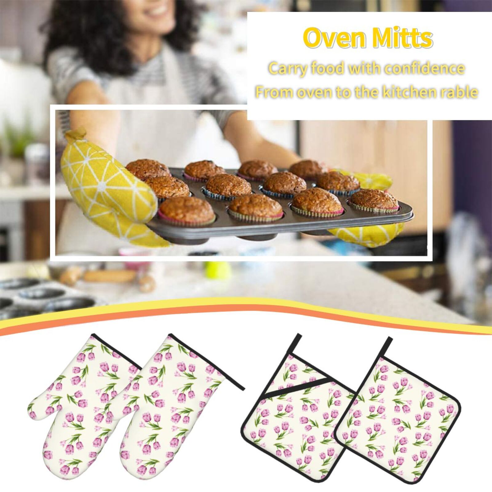 Naloa Tulips Flowers Oven Mitts and Pot Holders 4 pcs Set, Cooking Baking Grilling Kitchen Oven Glove for Cooking