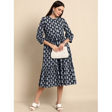 Janasya Indian Sweetheart Neck 3 4 Sleeve Floral Red Cotton Western Dress For Women Walmart Com