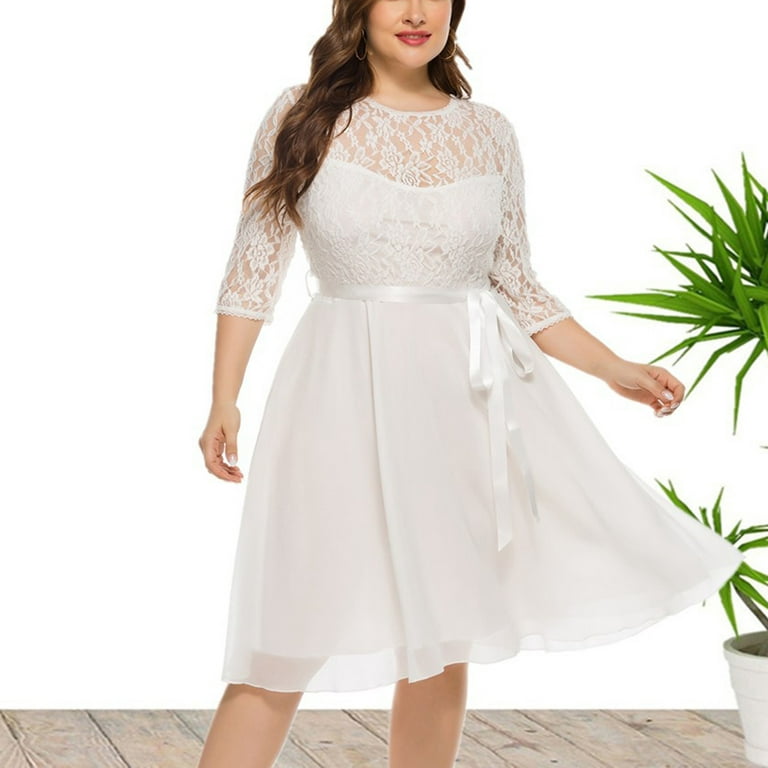 Women's Plus Size Lace Chffon Long Maxi 3/4 Sleeve V-Back Formal Dress