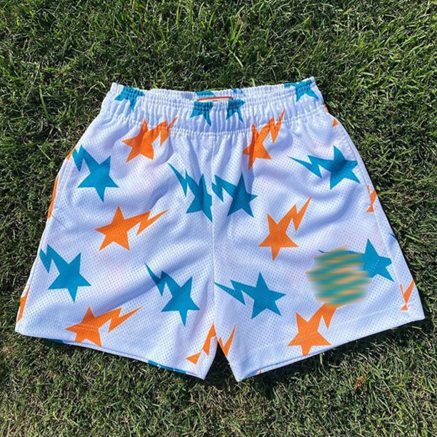 Pantalones cortos básicos de verano para hombre, pantalón corto informal deportivo de secado rápido, de malla para playa y baloncesto, pantalones de chándal transpirables para correrStar white orange