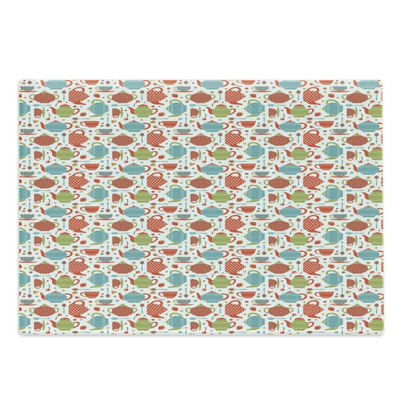 Tea Party Cutting Board, Colorful Tea Party Illustration with Pots Cups Spoons on Colorful Dotted Pattern, Decorative Tempered Glass Cutting and Serving Board, Large Size, Multicolor, by Ambesonne