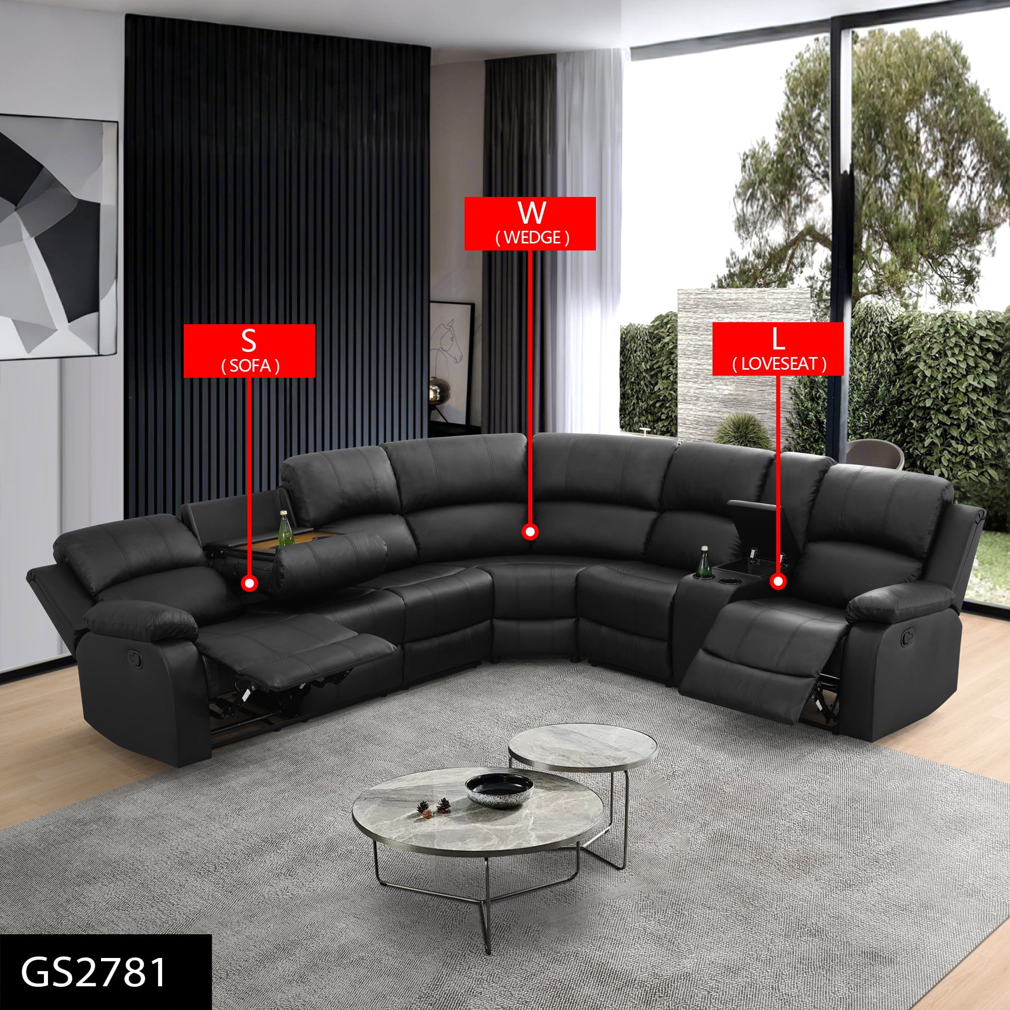 Gewnee Power Recliner Breathing Leather Power Sectional Sofa Set, Black Oversize Reclining Couch with Cup Holder Storage for Living Room ﻿