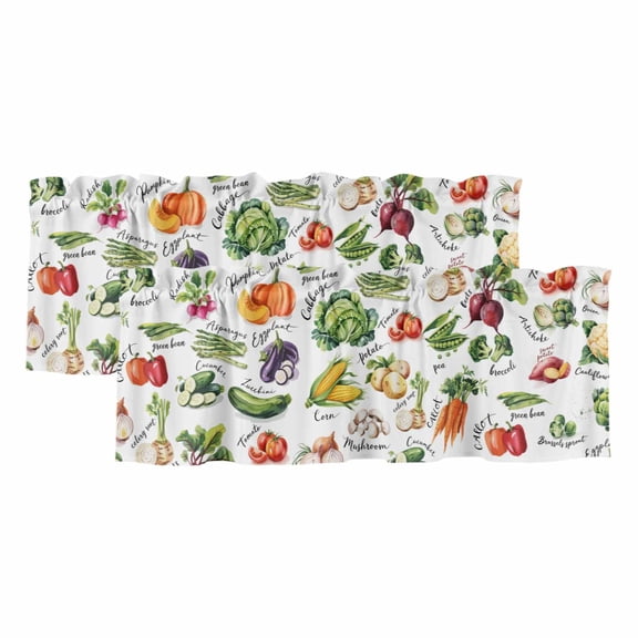 Vegetables Valances for Windows, Decorative Rod Pocket Window Valance Curtains, Watercolor Farmhouse Fruits Short Curtain Drapes for Kitchen/Bathroom/Living Room, 2 Panels, 60" W x 18" L