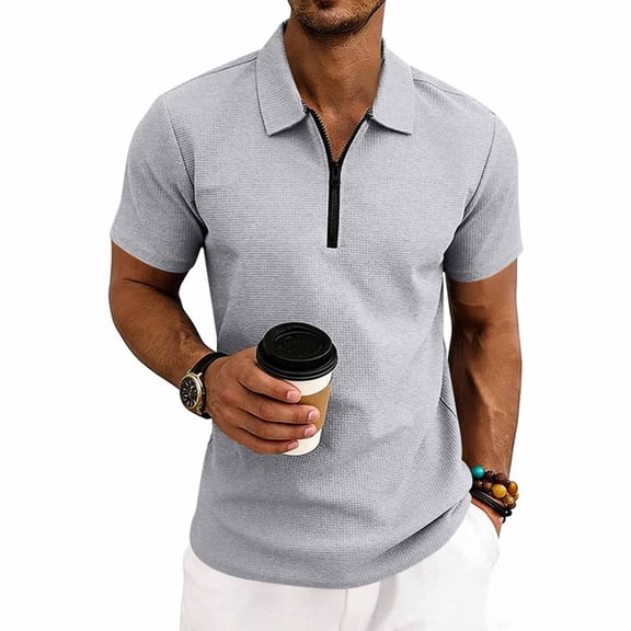 CBASIHI Mens Waffle Knit Polo Shirts- Quarter Zip Casual Performance Short Sleeve Summer Lightweight T-Shirt for Men Gray Size S-3XL