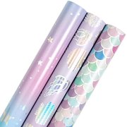 Mini Wrapping Paper Roll with Cut Lines on Reverse (17" X 120" Per Roll) - Purple Mermaid Scales/Galaxy with Glitter Metallic Foil Shine