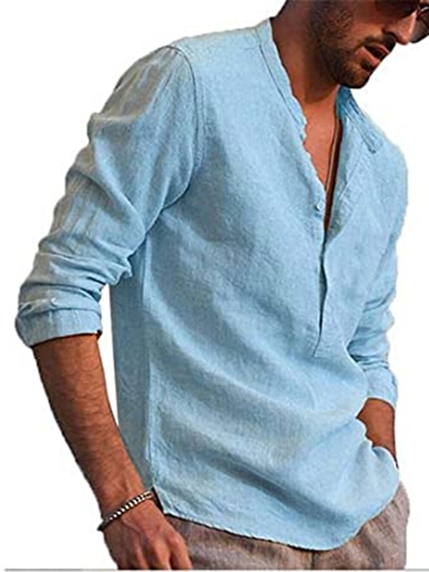 Men's Long Sleeve Cotton Linen Shirts Collarless V Neck Blouse Casual Button Top 