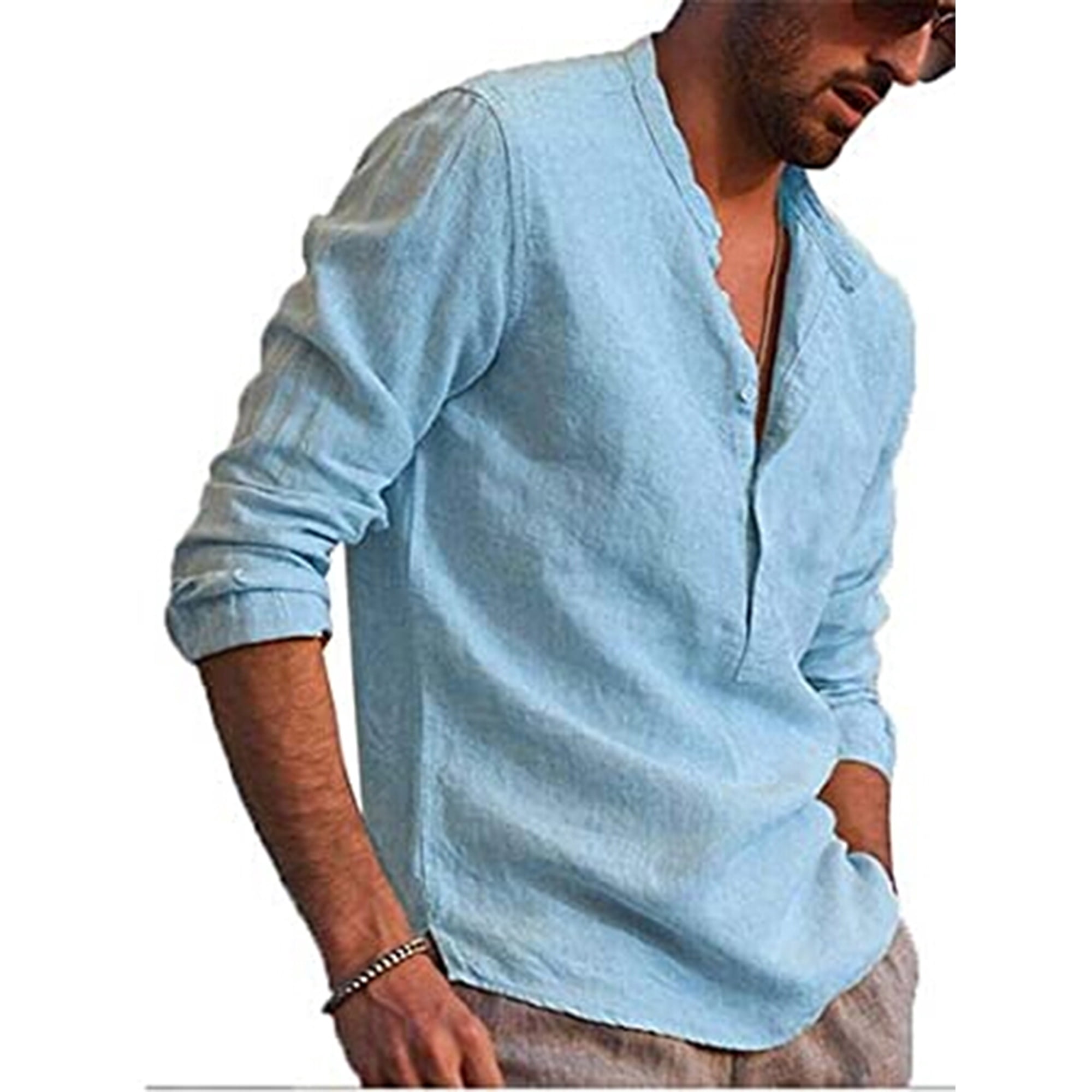 Bebiullo Men's Cotton Linen T-Shirt Casual Shirts Solid Colour V-Neck Long Sleeve Loose Collarless Tops M - Walmart.com