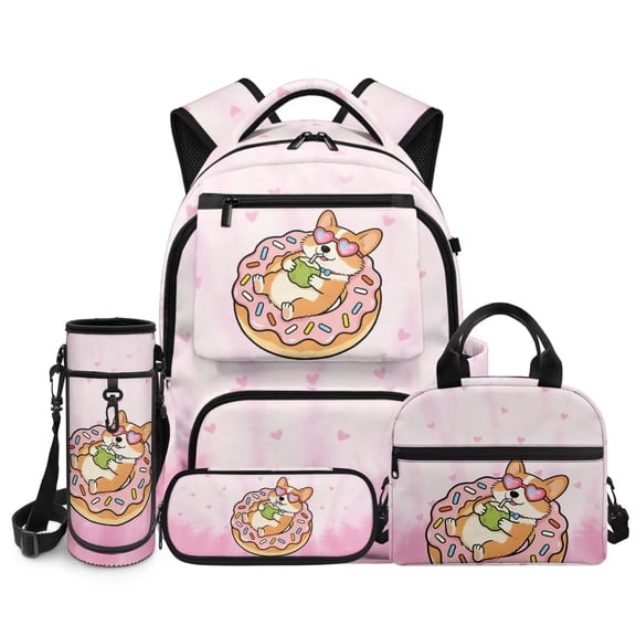Chririnla Corgi Backpack Set for Girls 8-10 Cute Kids School Bag with Lunch Bag Pencil Case Water Bottle Sleeve 4 in1 Set Girls Bookbag for Elementary Middle School Daypack