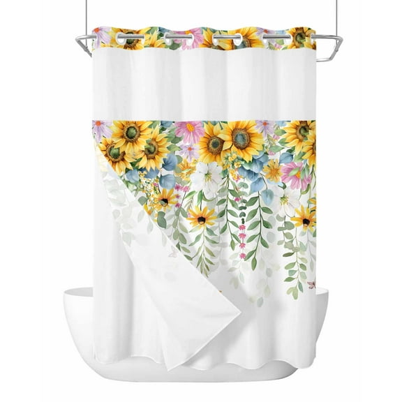No Hook Cloth Fabric Shower Curtain with Snap in Liner, Sunflower Waterproof Shower Curtains Set with See Through Top Window, Yellow Green Summer Botanical Watercolor Bath Curtains Shower 72"x84"