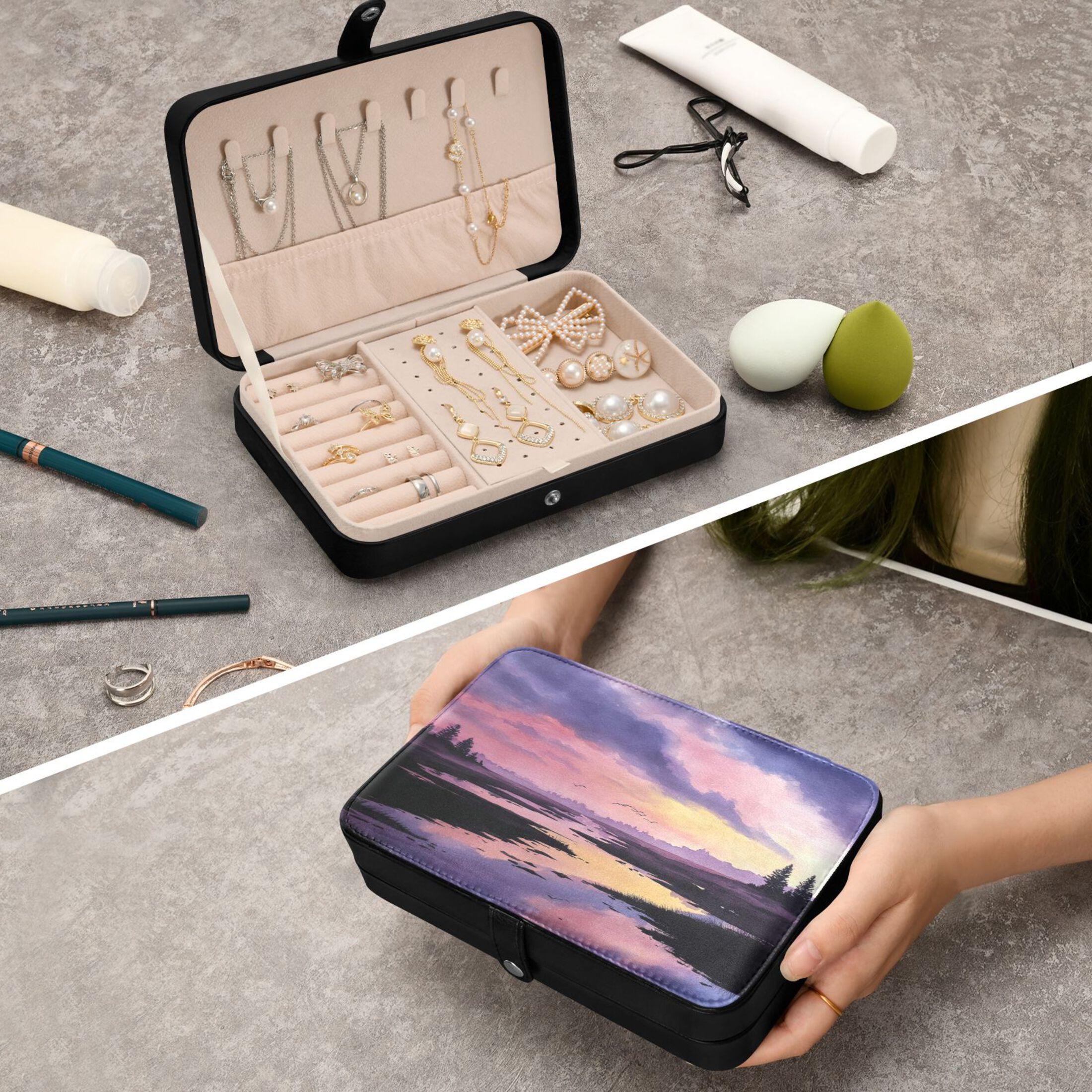 Leather Jewelry Box Rectangular 8.27x5.5x1.78In Travel Jewelry Storage Earrings Necklace Bracelet Watch Brooch Storage Beautiful Sky