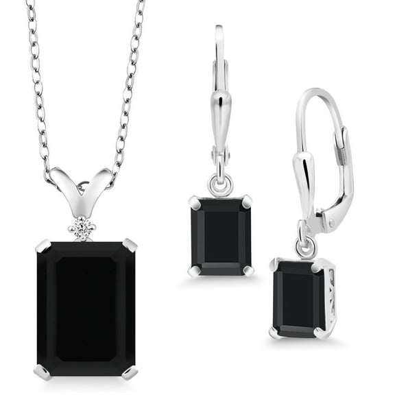 Gem Stone King 925 Sterling Silver Black Onyx Pendant and Earrings Jewelry Set for Women (9.88 Cttw, Gemstone Birthstone, Emerald Cut 14X10MM and 8X6MM, with 18 inch Silver Chain)