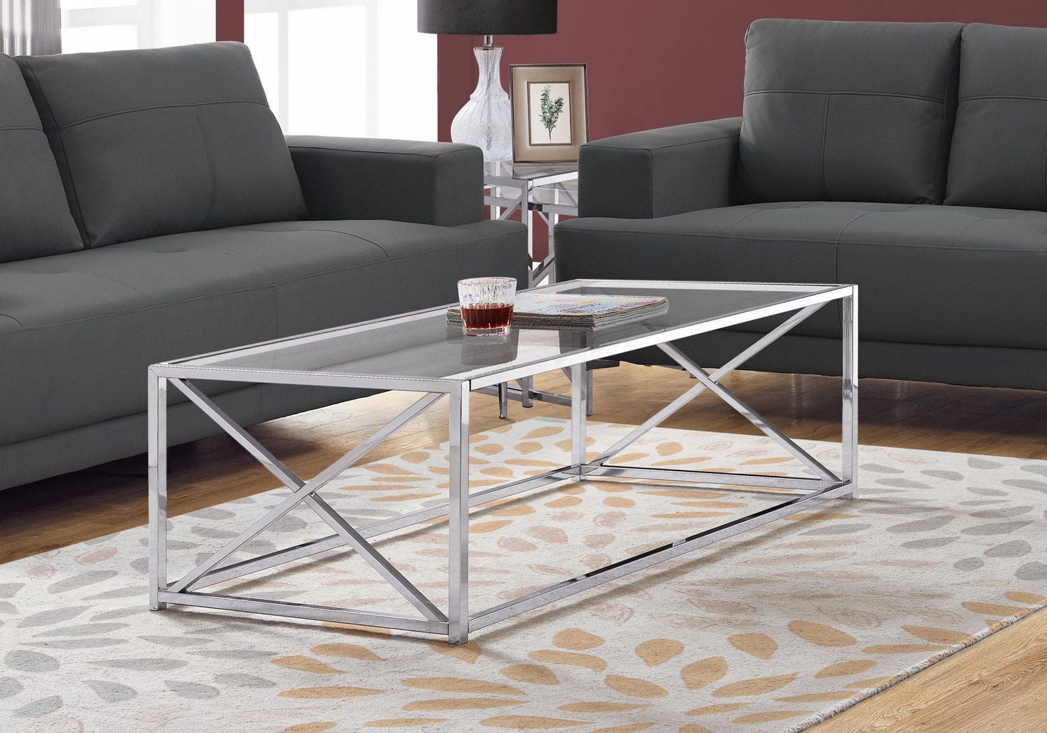 Monarch Specialties Coffee Table, Accent, Cocktail, Rectangular, Living Room, 44"l, Metal, Tempered Glass, Chrome, Clear, Contemporary, Modern