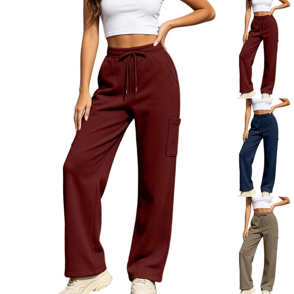 LEAVINGSUO Wide Leg Sweatpants for Women Drawstring Elastic Waist Side Flap Pocket Work Pants Straight cut Casual Trousers Navy S