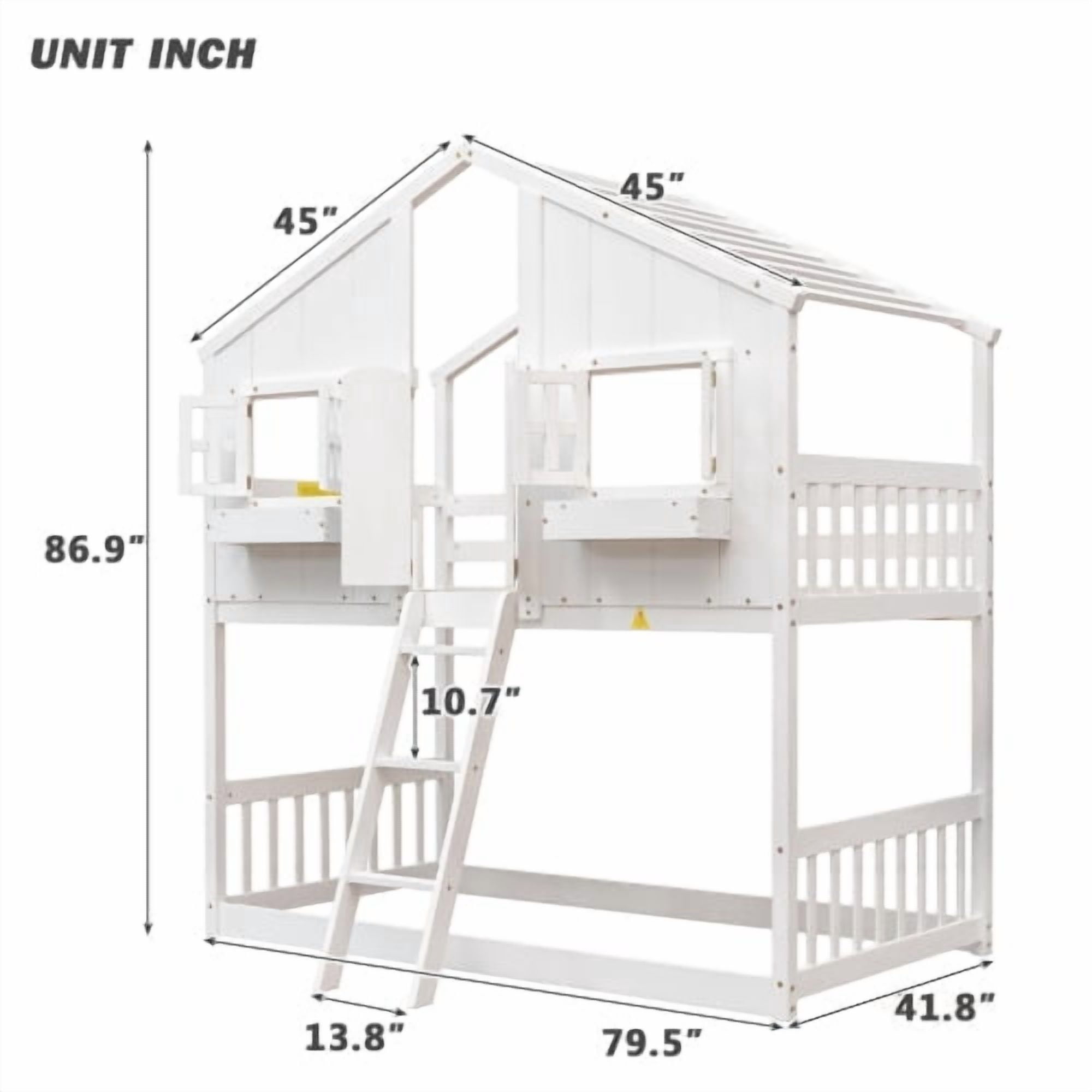 Sailvan Twin over Twin House Bunk Bed with Roof and Window, Low Height Safety Design White