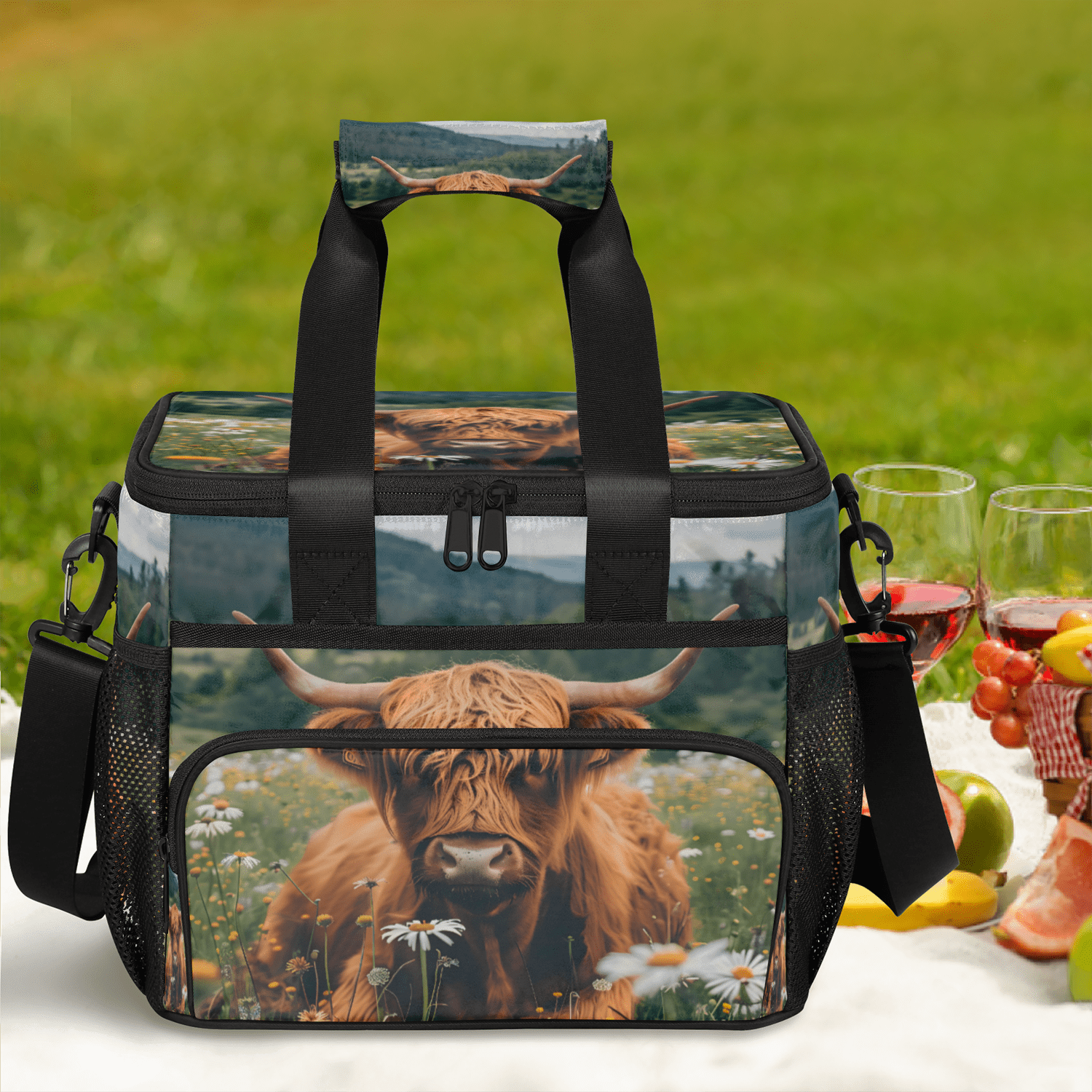 Herdesigns Highland Cow Spring Floral Large Lunch Box for Adults Women Men with Adjustable Shoulder Strap, Insulated Reusable Lunch Bag Leakproof Cooler Tote Bag