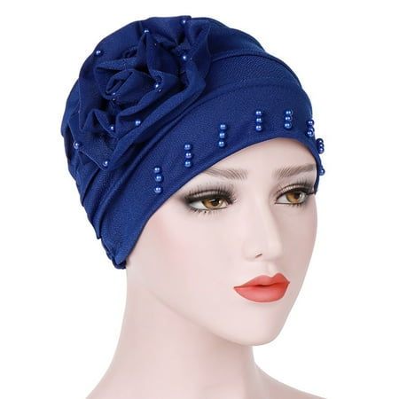 Beaded Cross Cap - Women Solid Color Side Beads Flower Muslim Headscarf Warm Knitting Hats Knit Cap
