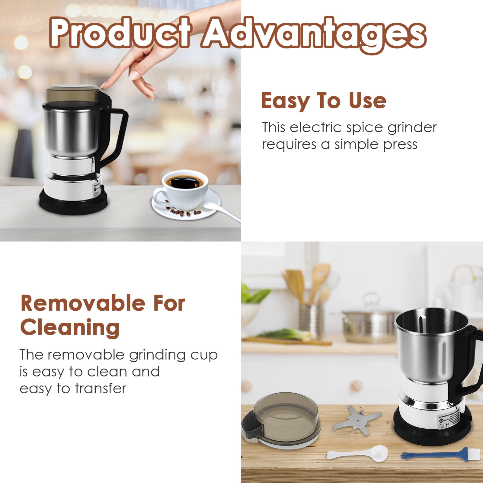 Keyohome Portable Electric Coffee Grinder Adjustable Coffee Bean Grinder with Stainless Steel Blade Spoon and Clean Brush for Home Kitchen Counter