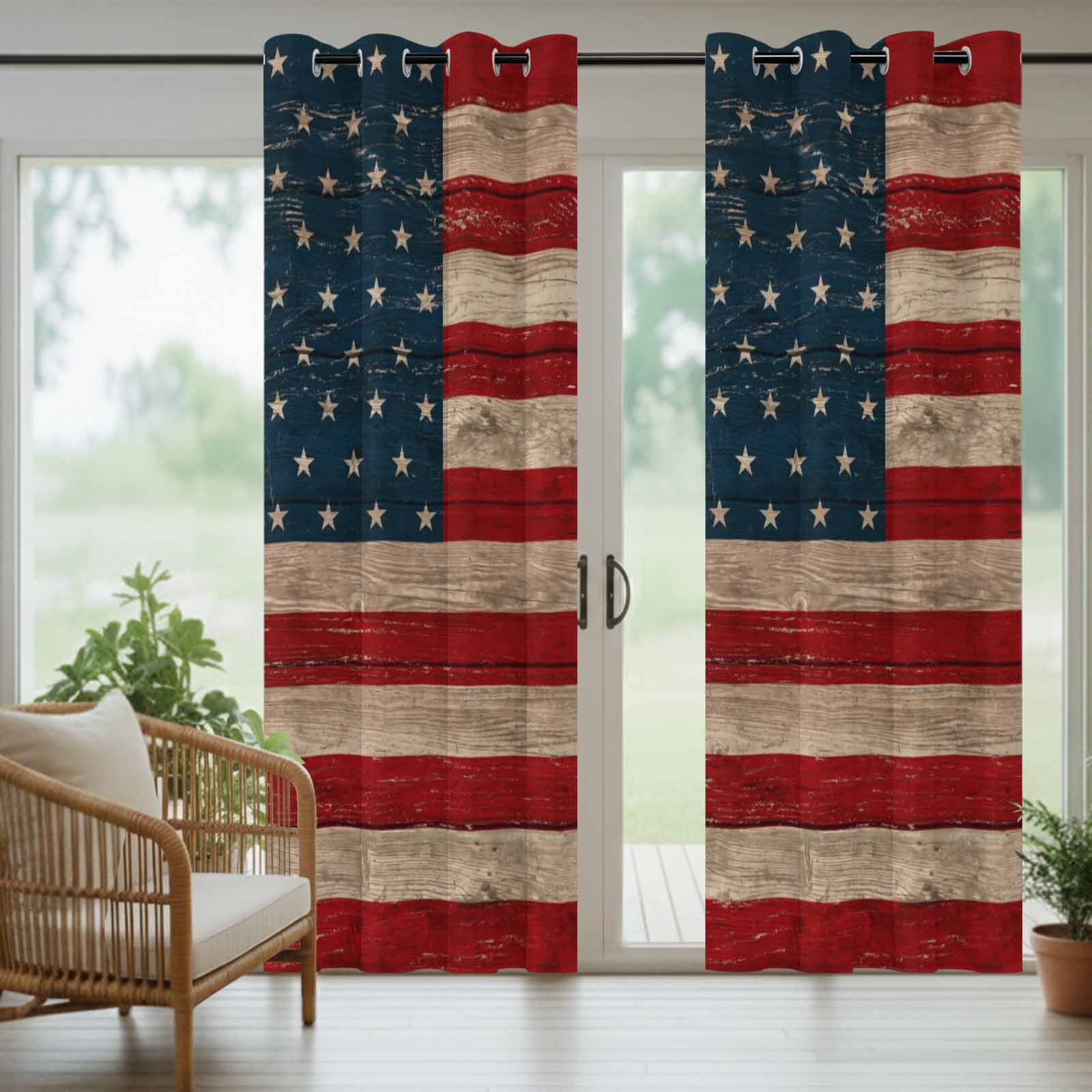 Independence Day Outdoor Curtains for Patio, Patriotic Red Blue American Flag Retro Wood Grain Waterproof Outside Curtains Privacy Blackout Curtain for Porch Pergola Cabana, 2 Panel 54W x 108L Inch