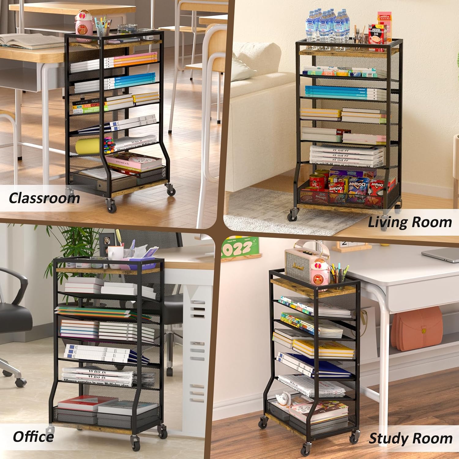 7 Tier Rolling File Cart with Sliding Trays, Wood Metal File Organizer Beside Desk, Free-Standing File Holder, Paper Letter Tray Organizer Mesh Desk Organizer for Home Office School (Patent)