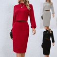 thumbnail image 1 of Skirt Set Solid Color Ribbed Long Sleeve Top and Bodycon Skirt Commuting Suit Summer Outfits for Women Black S, 1 of 7