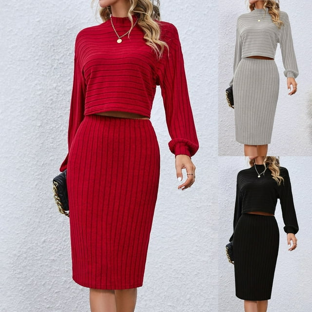 Skirt Set Solid Color Ribbed Long Sleeve Top and Bodycon Skirt Commuting Suit Women Summer Outfits Red S