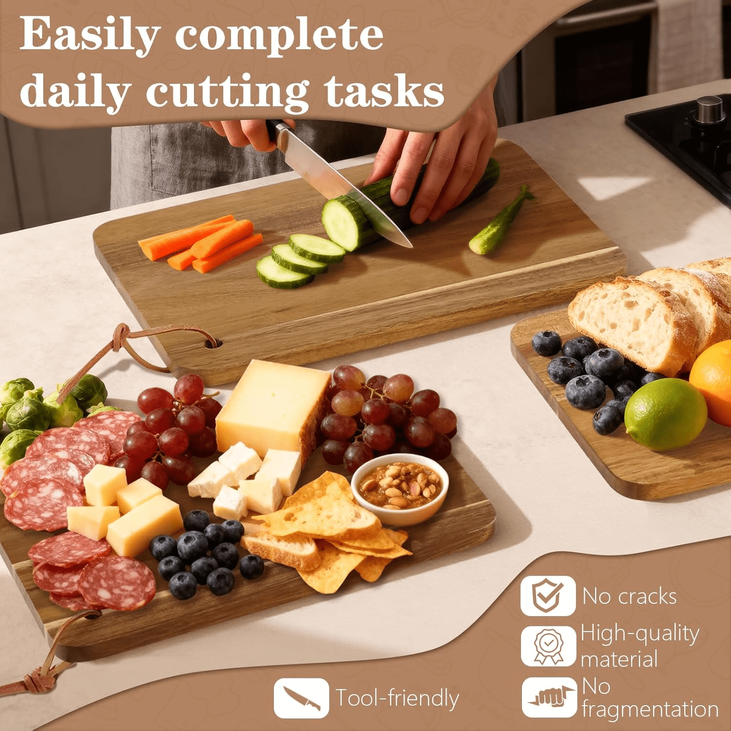 10 Packs Acacia Wood Cutting Board, 9.8 x 7 Inch Plain Chopping Board Large Serving Board Wooden Kitchen Cutting Board Bulk with Ropes for Vegetables Meat Pizza Cheese Fruit Bread